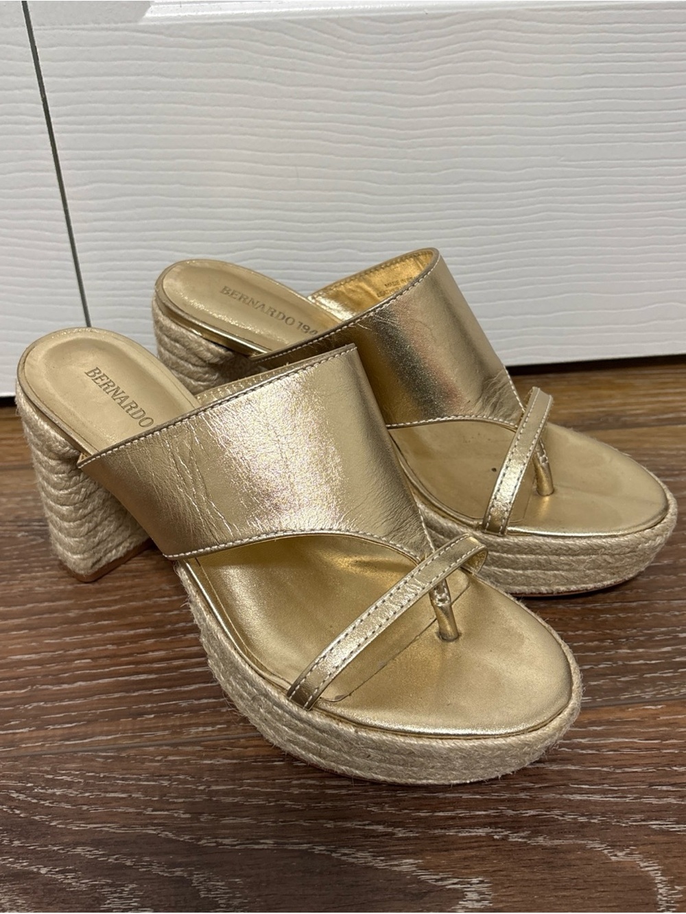 Bernardo Metallic Gold Espadrille Platform Thong Heels